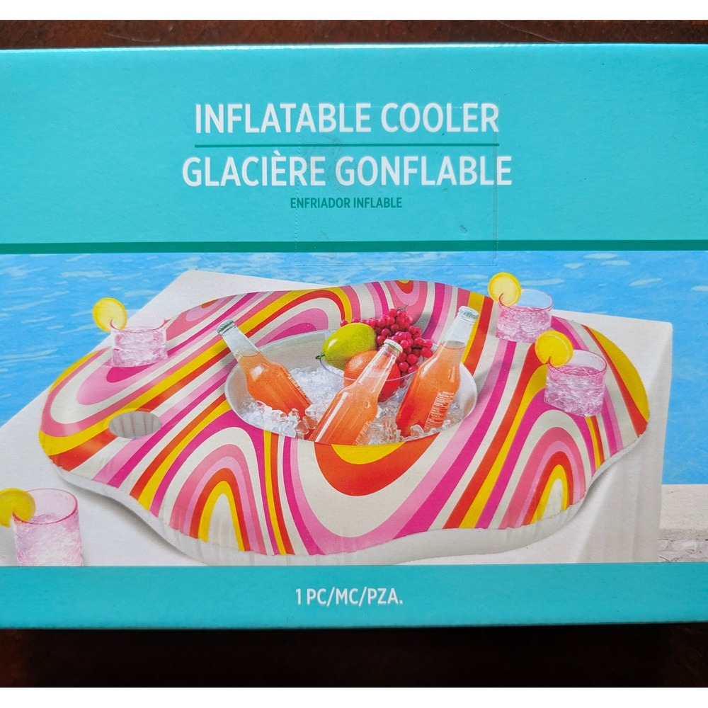 Retro Swirl Inflatable Floating Pool Cooler 4 Cup Holders Pink Yellow - Picture 3 of 6